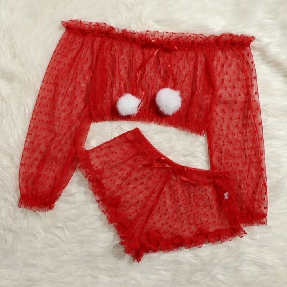 Red Lace Off Shoulder Lingerie Set - Picture 3 of 4